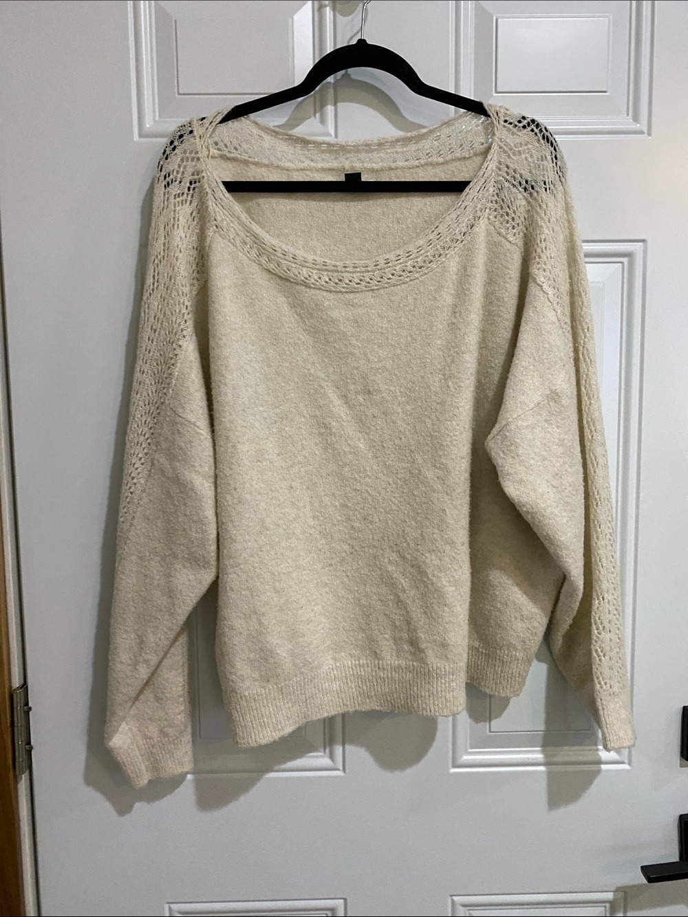 American Eagle Outfitters Cream Scoop Neck Open-Knit Shoulder Sweater - Picture 3 of 4